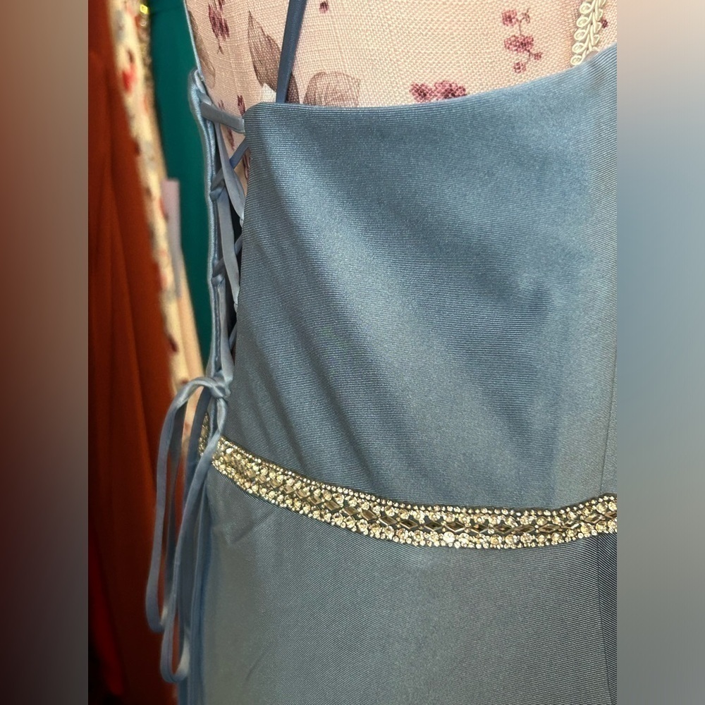 💎Stunning Dancing Queen Gown Blue Side Drape Slit Corset Evening Formal XL 12 - Picture 2 of 11